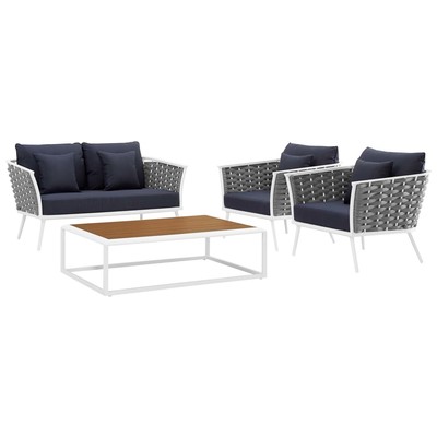 Modway Furniture Stance 4 Piece Outdoor Patio Aluminum Sectional Sofa Set In White Navy EEI-3172-WHI-NAV-SET