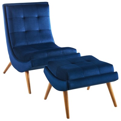 Modway Furniture Ramp Upholstered Performance Velvet Lounge Chair And Ottoman Set In Navy EEI-3487-NAV