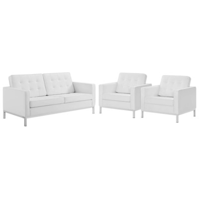 Modway Furniture Loft 3 Piece Tufted Upholstered Faux Leather Set EEI-4103-SLV-WHI-SET