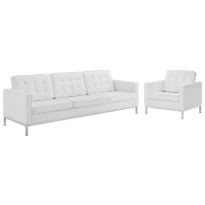 Modway Furniture Loft Tufted Upholstered Faux Leather Sofa and Armchair Set EEI-4104-SLV-WHI-SET