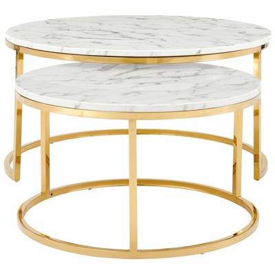 Modway Furniture Coffee Tables, Round, Marble,Metal,Iron,Steel,Aluminum,Alu+ PE wicker+ glassWhite, Tables, 889654961222, EEI-4208-GLD-WHI,Standard (14 - 22 in.)