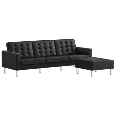 Modway Furniture Loft Tufted Vegan Leather Sofa and Ottoman Set EEI-6410-SLV-BLK-SET