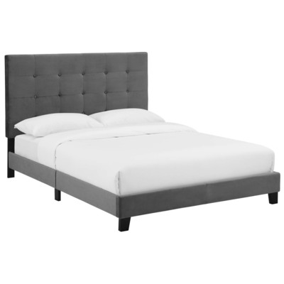 Modway Furniture Melanie Queen Tufted Button Upholstered Performance Velvet Platform Bed In Gray MOD-5822-GRY