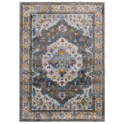 Modway Furniture Success Anisah Distressed Floral Persian Medallion 4x6 Area Rug In Gray, Ivory, Yellow, Orange R-1163A-46