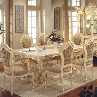 PolRey Dining Room Set, 7pc, 6 person 701M-SET Marble Top Table, 4 Dining Chairs, 2 Armchairs