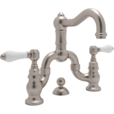 Rohl Italian Bath Acqui Deck Mounted Lavatory Bridge Faucet In Satin Nickel With Porcelain Levers Pop-up And Column Spout A1419LPSTN-2