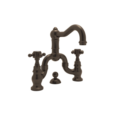 Rohl Italian Bath Acqui Deck Mounted Lavatory Bridge Faucet In Tuscan Brass With Cross Handles Pop-up And Column Spout  A1419XMTCB-2