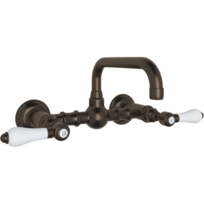 Rohl Italian Bath Vocca Wall Mounted Bridge Lavatory Faucet In Tuscan Brass With Porcelain Levers And High Swinging Spout A1423LPTCB-2