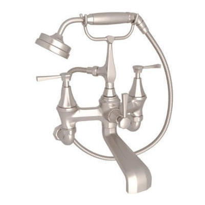 Rohl Perrin & Rowe® Deco Wall Mounted Tub Filler With Handshower In Satin Nickel U.3110LS/1-STN
