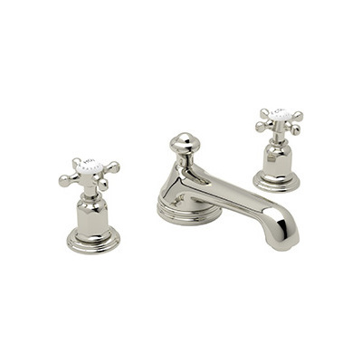 Rohl Perrin & Rowe Edwardian Low Level Spout With Aerator Widespread Lavatory Faucet In Polished Nickel With Cross Handles And Pop-up U.3706X-PN-2