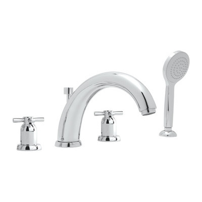 Rohl Perrin & Rowe® Holborn 4-hole Deck Mount Modified C-spout Bathtub Filler With Handshower In Polished Chrome U.3849X-APC