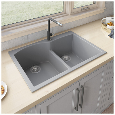 Ruvati Double Bowl Sinks, GrayGreySilver, Colors,White,Black,Blue,Gray, Drop-In, Granite Composite, Topmount, Kitchen Sink, 850003787916, RVG1345GR,20 - 24.99 Long,Greather than 25 Wide