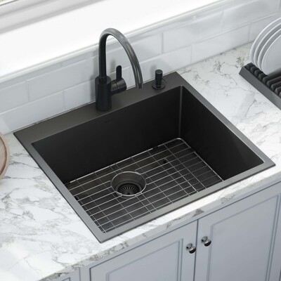 Ruvati 25 inch Gunmetal Black Stainless Steel Drop-in Topmount Kitchen Sink Single Bowl - RVH5007BL, 664213537618