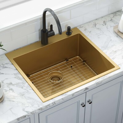 Ruvati 25 inch Polished Brass Matte Gold Drop-in Topmount Kitchen Sink Single Bowl - RVH5007GG, 664213537625