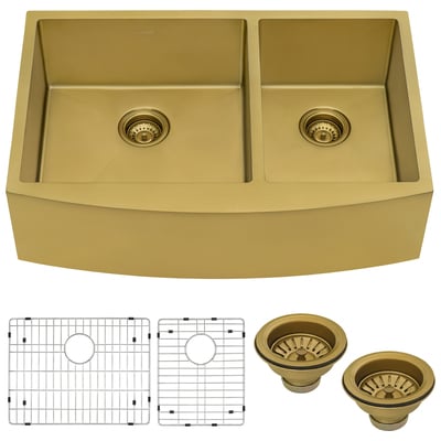 Ruvati Double Bowl Sinks, gold, Metal,STAINLESS STEEL,Gunmetal,Bronze,Nickel,Copper,Titanium,Tempered,Hammered,Brass, Apron,Farmhouse, Stainless Steel, Apron Front, Kitchen Sink, 664213536468, RVH9742GG,20 - 24.99 Long,Greather than 25 Wide