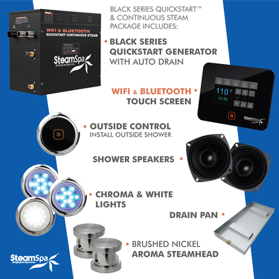 Steam Spa Black Series Wifi and Bluetooth 10.5kW QuickStart Steam Bath Generator Package in Brushed Nickel, 191042045255, BKT1050BN-A