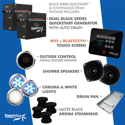 Steam Spa Black Series Wifi and Bluetooth 21kW QuickStart Steam Bath Generator Package in Matte Black, 191042061613, BKT2100MK-A