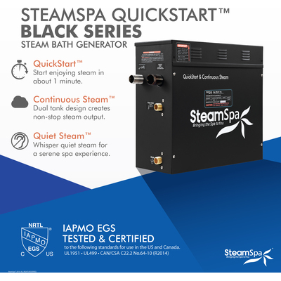Steam Spa Black Series Wifi and Bluetooth 7.5kW QuickStart Steam Bath Generator Package in Polished Chrome, 191042045170, BKT750CH-A