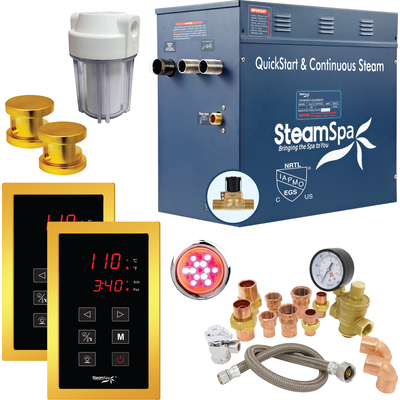 Steam Spa SteamSpa Executive 12 KW QuickStart Acu-Steam Bath Generator Package with Built-in Auto Drain and Install Kit in Polished Gold | Steam Generator Kit with Dual Control Panel Steamhead 240V | EXT1200GD-A, 191042073739