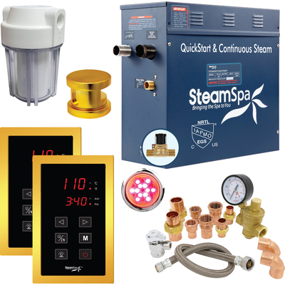 Steam Spa SteamSpa Executive 4.5 KW QuickStart Acu-Steam Bath Generator Package with Built-in Auto Drain and Install Kit in Polished Gold | Steam Generator Kit with Dual Control Panel Steamhead 240V | EXT450GD-A, 191042073630