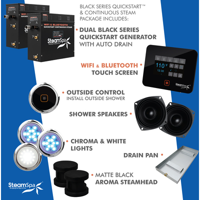 Steam Spa Steam Shower Generator Kit System | Matte Black + Self Drain Combo| Enclosure Steamer Sauna Spa Stall Package|Touch Screen Wifi App/Bluetooth Control Panel |2x 7.5 kW Raven | RVB1500BK-A, 191042061897