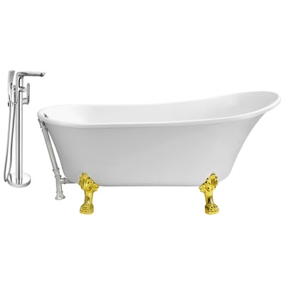 Streamline Bath Free Standing Bath Tubs, gold Whitesnow, White, Soaking Clawfoot Tub, Oval, Acrylic, Fiberglass, Vintage, Set of Bathroom Tub and Faucet, 041979472740, NH340GLD-CH-120