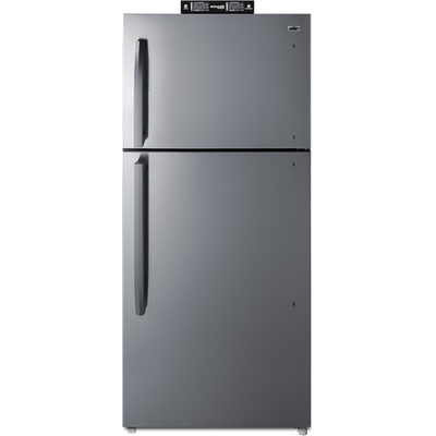 Summit 21 cu.ft. break room refrigerator-freezer with stainless steel doors, black cabinet, and NIST calibrated alarm/thermometers,  BKRF21SS