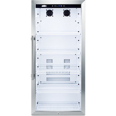 Summit 9 cu.ft. commercial glass door beverage merchandiser with digital controls, LED lighting, full interior display, and stainless steel cabinet, 7.61101e+011, SCR1006CSS