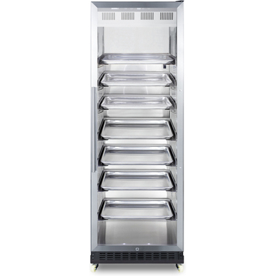 Summit 24 inch wide upright mini reach-in beverage center with stainless steel interior and exterior cabinet, glass door, and dolly, 7.61101e+011, SCR1401RICSS