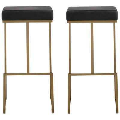 Tov Furniture Bar Chairs and Stools, Black,ebonyGold, Bar, Leather, Footrest, Black, Stainless Steel,Vegan Leather, Dining Room Furniture, Stools, 806810353929, TOV-K3663