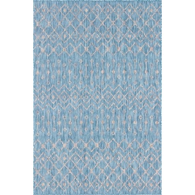 Unique Loom Outdoor Tribal Trellis Rug in Aqua Blue/Ivory Rectangular 3145044