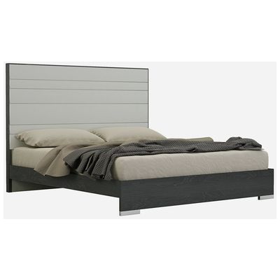 Whiteline Imports Malibu Bed King, High Gloss Grey, Upholstered Panels In Headboard In Taupe, Stainless Steel Legs. BK1367P-GRY