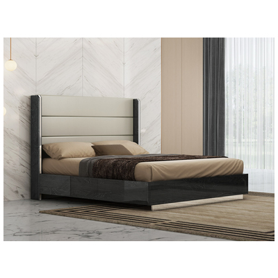 Whiteline Imports Los Angeles Bed King, High Gloss Grey with geometric design, gray faux leather on headboard, sta... BK1618-GRY