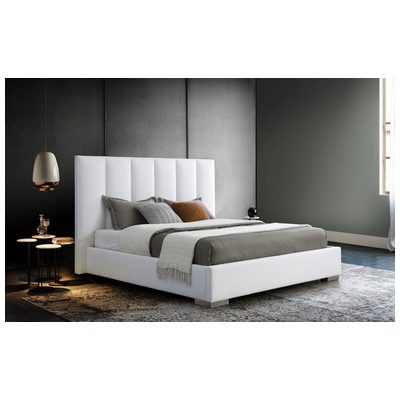Whiteline Imports Velvet Bed King, Vertical lines design in the headboard, Fully upholstered in pure white linen b... BK1655-WHT