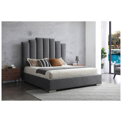 Whiteline Imports Jordan King Bed , Fully Upholstered Grey 100% Velvet Fabric, Double USB in Headboard, Chrome Legs BK1688F-GRY