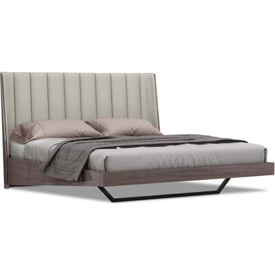 WhiteLine Berlin Bed King, High Gloss Chestnut Lacquer ILP-1026-5HG, Upholstered Headboard in Light Grey Faux Leather ILP-A23-17, Black Steel Base., 0696576754913, BK1754-CNUT/LGRY