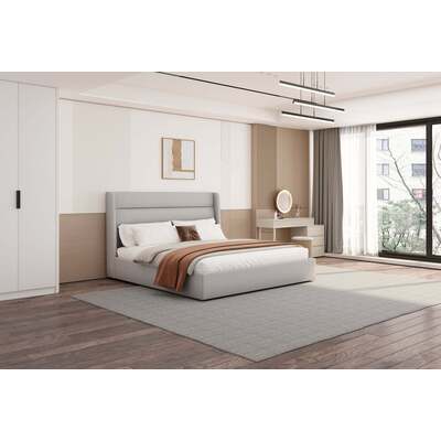 WhiteLine Tokyo Bed King, Fully Upholstered, Light Grey Fabric CIR-FB606-F-LGRY, Headboard with Side Edges and Padded Rectangular Design, 0696576757051, BK1926F-LGRY