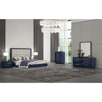 WhiteLine Alexander Bed King, High Gloss Saphire Blue Lacquer ILP-8273-8HG, Upholstered  Headboard in Light Grey Faux Leather ILP-A23-17 ,Base with LED Light., 0696576756801, BK1937-BLU/LGRY