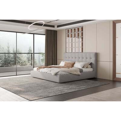 WhiteLine Dexter Bed King, Fully Upholstered, Grey Fabric CIR-FV2316, Padded Headboard in Squares Design., 0696576760259, BK2013F-GRY