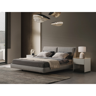 WhiteLine Raphael Bed King, Fully Upholstered in Light Grey Linen Fabric  TCA-2298410-F-LGRY , Split Headboard Cushions Design, and black metal base, 0696576761195, BK2055F-LGRY