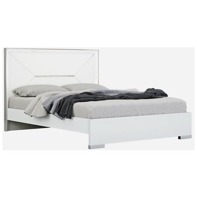 Whiteline Imports Navi Bed Queen, High Gloss White, White Faux Leather Headboard With Stainless Steel  Accent, Large Drawer At Footboard BQ1354-WHT