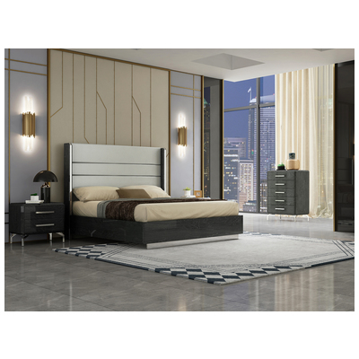 Whiteline Imports Los Angeles Bed Queen, High Gloss Grey with geometric design, gray faux leather on headboard, st... BQ1618-GRY