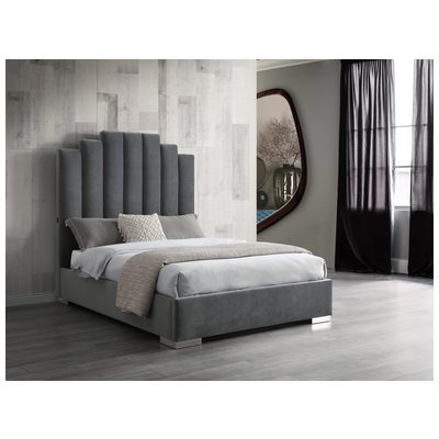 Whiteline Imports Jordan Queen Bed , Fully Upholstered Grey 100% Velvet Fabric, Double USB in Headboard, Chrome Legs BQ1688F-GRY