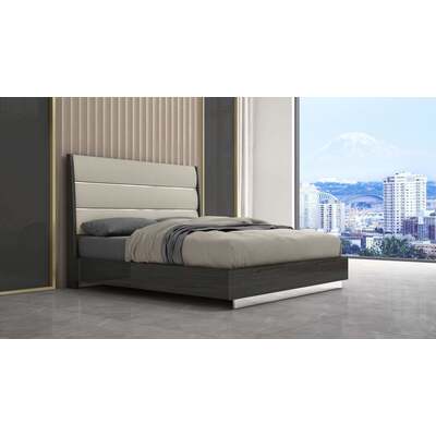 WhiteLine Pino Bed Queen, High Gloss Dark Grey Lacquer ILP-8273-4HG, Headboard with Upholstered Panels in Light Grey Faux Leather ILP-A23-17, Polished Silver Stainless Steel Base., 0696576754807, BQ1752-DGRY/LGRY