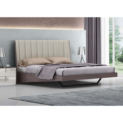 WhiteLine Berlin Bed Queen, High Gloss Chestnut Lacquer  ILP-1026-5HG, Upholstered Headboard in Light Grey Faux Leather ILP-A23-17, Black Steel Base., 0696576754920, BQ1754-CNUT/LGRY