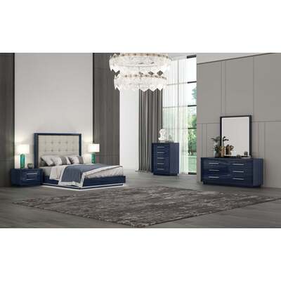 WhiteLine Alexander Bed Queen, High Gloss Saphire Blue Lacquer ILP-8273-8HG, Upholstered  Headboard in Light Grey Faux Leather ILP-A23-17 , Base with LED Light., 0696576756818, BQ1937-BLU/LGRY