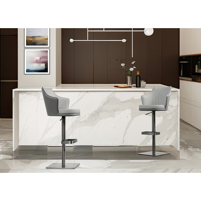 WhiteLine Baxter Barstool, Front in Light Grey Faux Leather IEK-288 Back in Dark Grey Faux Leather IEK-290, Swivel Base in Brushed Silver Stainless Steel, with Gaslift., 0696576759864, BS2006P-LGRY/DGRY