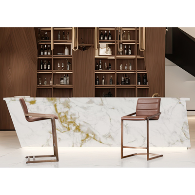 WhiteLine Mattia Counter Stool, in Brown Faux Leather IEK-273, Brushed Rose Gold Stainless Steel Base. Set of 2. , 0696576759888, BS2008CP-BRN