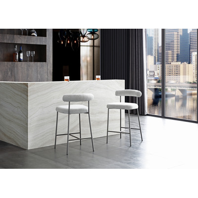 WhiteLine Ella Counter Stool, in Light Grey Boucle Fabric BIX-RHEIN90A, with Hand-made Sponge Back and Brushed Gun-Black BIX-SS07, and Stainless Steel Base Frame., 0696576760785, BS2037CF-LGRY