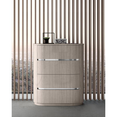 WhiteLine Waves Chest of Drawers, High Gloss Beige Lacquer  ILP-8273-2HG, 5 Self-Closing Drawers and 2 Silver Stainless Steel Stripes., 0696576756153, CD1753-BEI